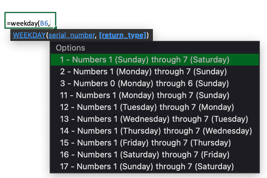 엑셀 weekday 함수에 옵션에 대한 번호별 기능을 확인할 수 있습니다.