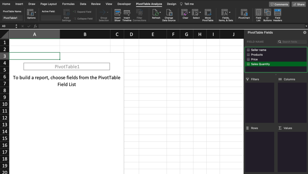 这是 Excel 数据透视表的默认屏幕。